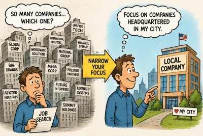 Job seeker overwhelmed by countless employer options shifts focus toward a locally headquartered company, illustrating how narrowing your search can make finding the right employer easier.