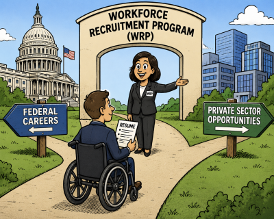 Cartoon illustration showing a job seeker in a wheelchair holding a resume at a crossroads between federal careers and private sector opportunities, guided by a recruiter beneath a Workforce Recruitment Program (WRP) archway, symbolizing career pathways for students and graduates with disabilities.