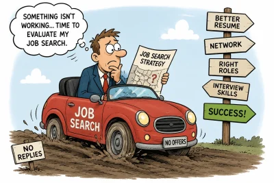 Political cartoon showing a frustrated job seeker stuck in a muddy “job search” car, reviewing their strategy while signs point toward resume improvements, networking, interview skills, and success.