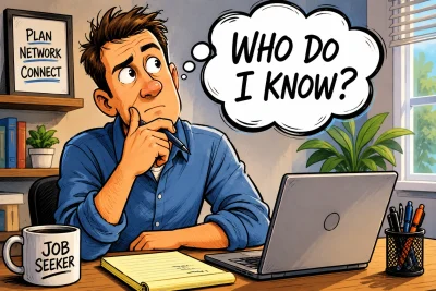 Job seeker mapping his professional network by thinking about personal and professional contacts in a home office setting.