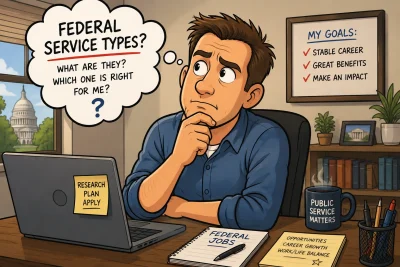 Political cartoon of a federal job seeker in a home office researching government careers and wondering about federal employment service types while reviewing federal job opportunities on his laptop.