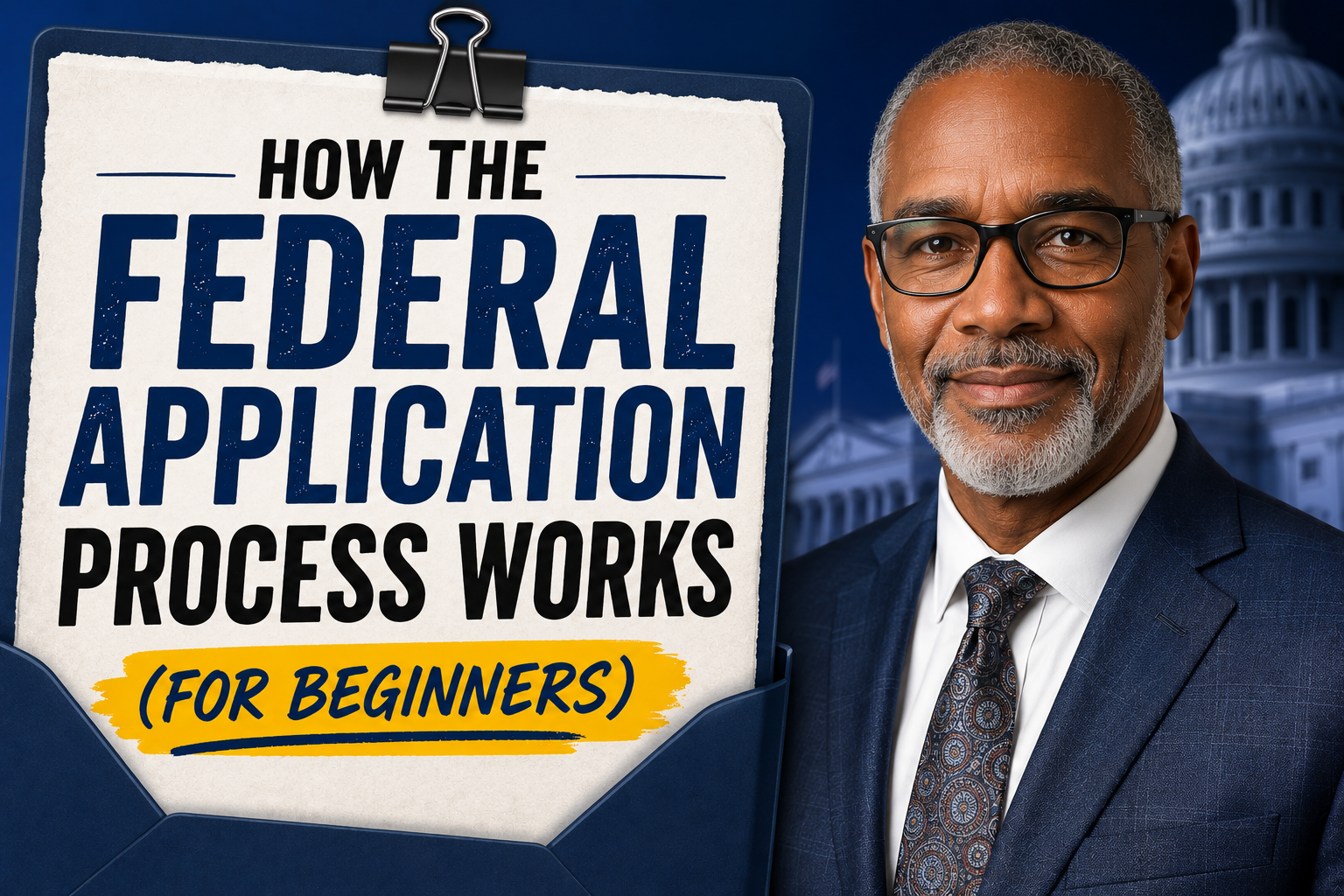 Thumbnail for “How the Federal Application Process Works (for Beginners)” featuring bold title text, a senior professional man in business attire, and a subtle federal-themed background.
