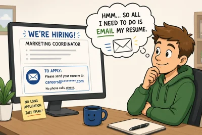A job seeker reviews a hiring announcement and realizes the application process is simple: just email a resume directly to the employer rather than completing an online application.