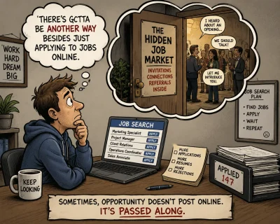 A political cartoon showing a job seeker at a computer wondering if there is a better way to find a job. A thought bubble reveals the "hidden job market," where opportunities are shared through networking and personal connections.
