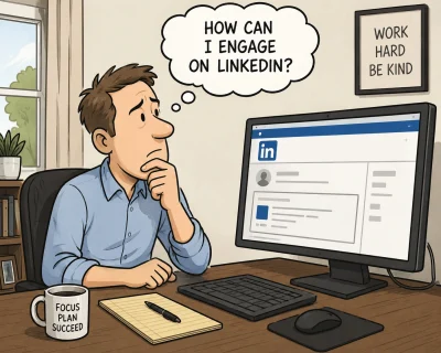 A professional sits at a home office desk looking thoughtfully at LinkedIn on a computer screen, wondering how to engage on the platform. A thought bubble above his head reads, "How can I engage on LinkedIn?" while he considers his next steps.