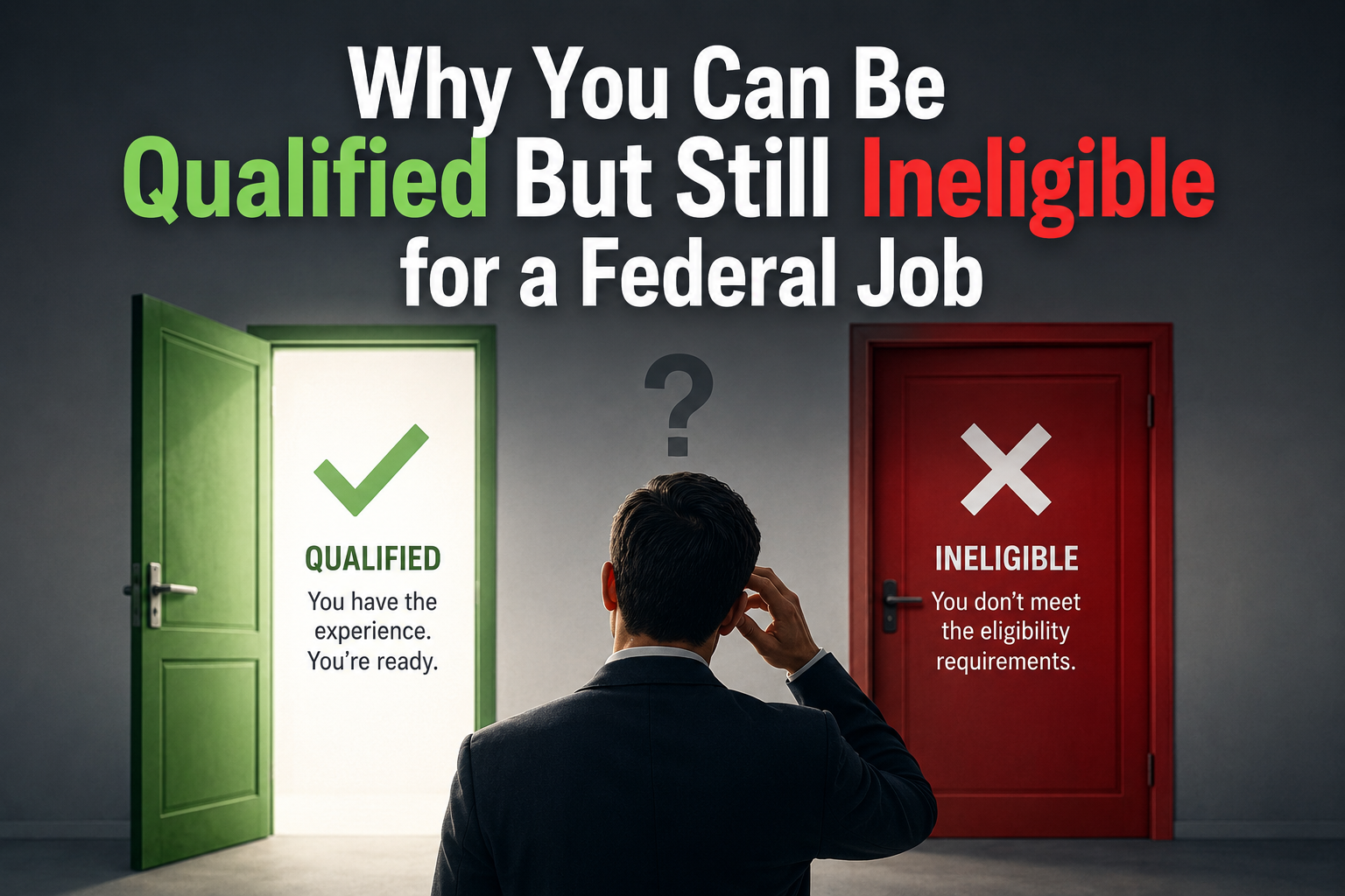 Professional blog header image showing a federal job applicant working at a laptop beside bold text reading “Why You Can Be Qualified But Still Ineligible for a Federal Job,” with contrasting qualified and ineligible symbols.