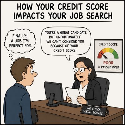 Cartoon showing a qualified job candidate being told they cannot be considered for a role because of their credit score, highlighting the irony of financial screening in hiring.