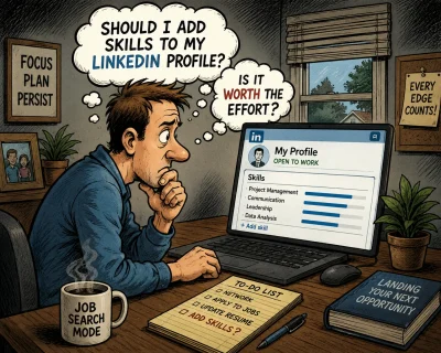 Cartoon illustration of a job seeker working at a home office desk while wondering whether adding Skills to a LinkedIn profile is worth the effort.