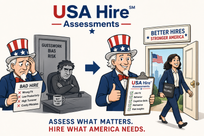 Cartoon-style illustration showing Uncle Sam comparing poor hiring based on guesswork with smarter hiring using USA Hire℠ Assessments, as a confident professional walks toward a “Better Hires” future.