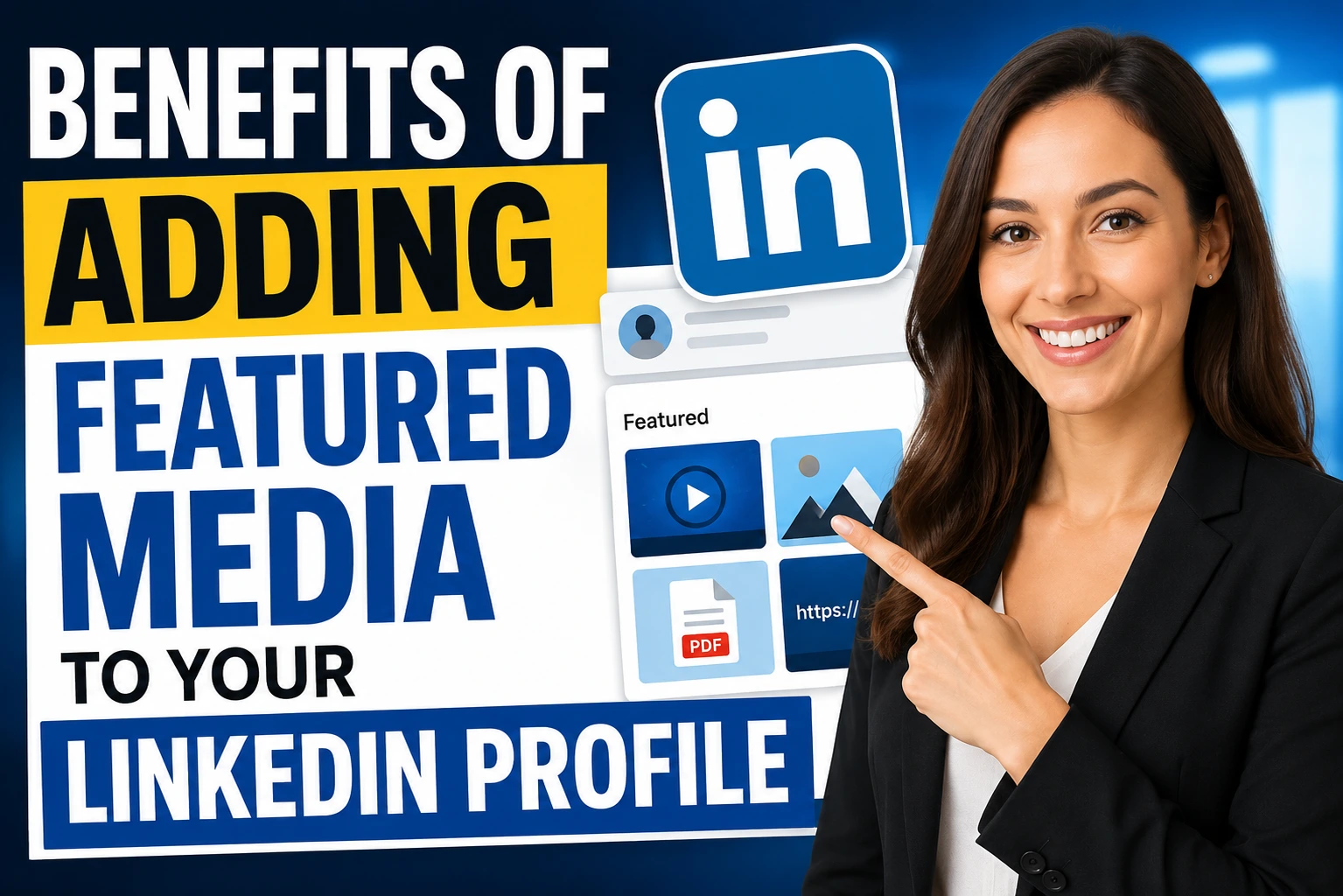 Professional businesswoman pointing to text about the benefits of adding Featured Media to a LinkedIn profile, alongside LinkedIn-themed graphics and content examples.