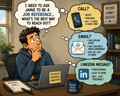 Political cartoon of a job seeker in a home office debating whether to call, email, or send a LinkedIn message to ask someone to be a job reference.