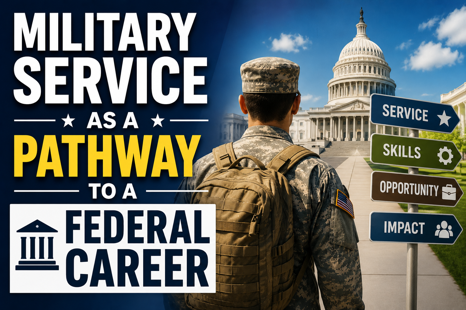 Military Service as a Pathway to a Federal Career Image Thumbnail image showing a military service member positioned as a pathway toward a federal government career opportunity.