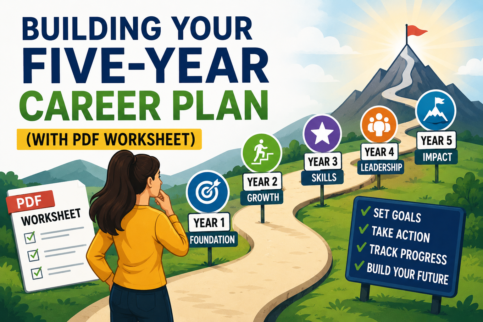 Thumbnail image showing a five-year career roadmap with milestones, goal markers, and a downloadable PDF worksheet for career planning.