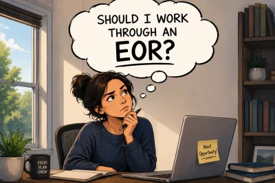 Cartoon-style illustration of a job seeker in her home office thoughtfully considering whether to work through an Employer of Record (EOR), with a large thought bubble overhead and a laptop on her desk as she evaluates international employment options.