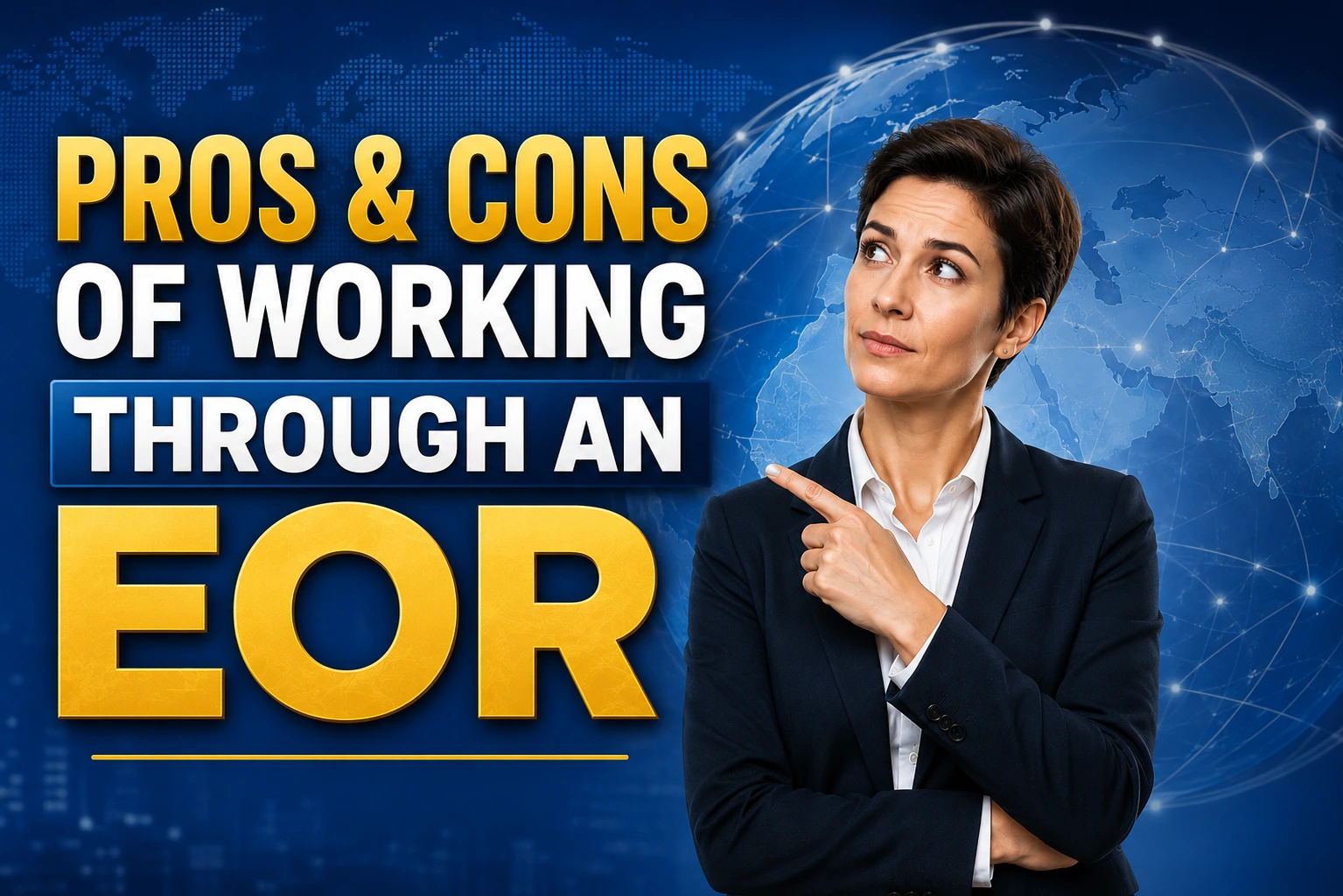 Professional YouTube thumbnail about the pros and cons of working through an Employer of Record (EOR), featuring bold headline text, a thoughtful business professional pointing toward the title, and a global business background with a connected world map and international employment theme.