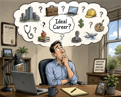 Political cartoon of a job seeker sitting in a home office and thinking about a career change, with a thought bubble showing different career paths and the question "Ideal Career?"