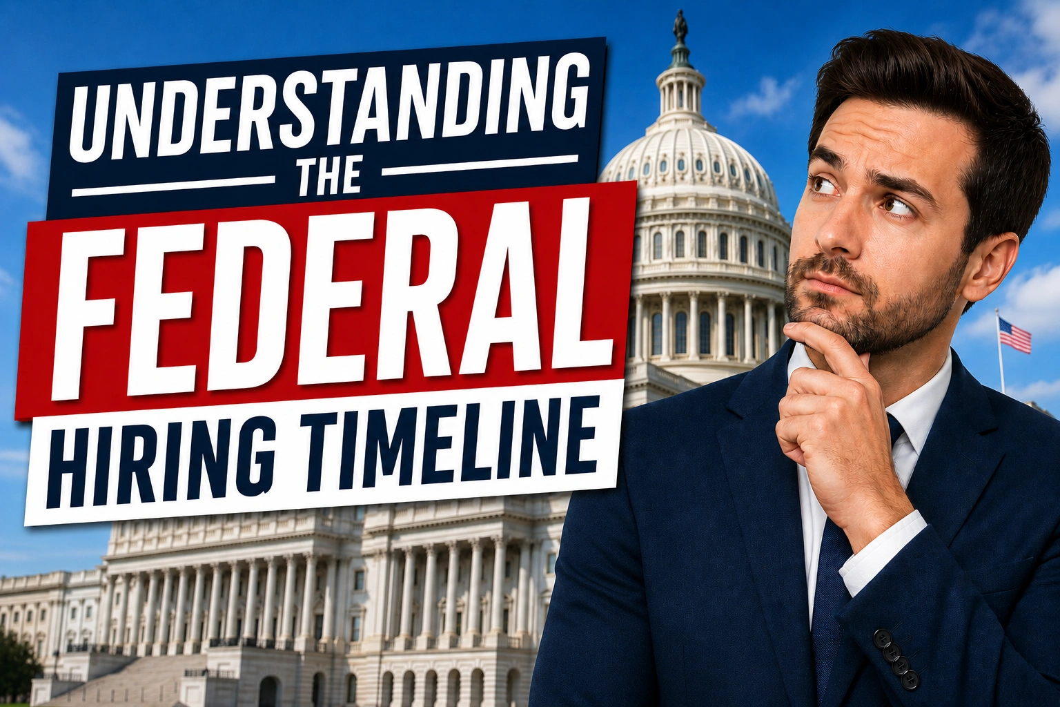 Professional man with a thoughtful expression in front of the U.S. Capitol building, alongside bold text reading “Understanding the Federal Hiring Timeline.