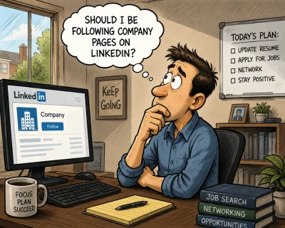 Job seeker sits in a home office, thoughtfully considering whether to follow company pages on LinkedIn while reviewing career and networking goals on his computer.