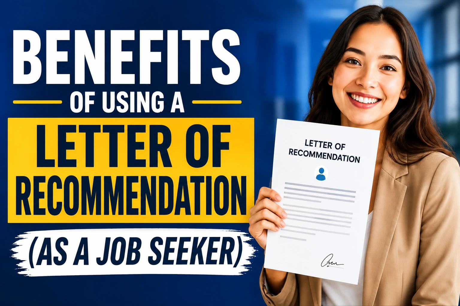 Professional thumbnail featuring a smiling job seeker holding a letter of recommendation beside large text highlighting the benefits of using a recommendation letter during a job search.
