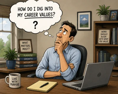 Political cartoon of a professional sitting in a home office reflecting on his career values and considering what matters most in his future career path.