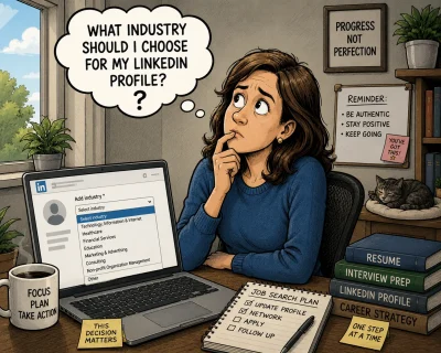 Political cartoon of a job seeker reviewing her LinkedIn profile and wondering which industry category to select for her profile while working from a home office.