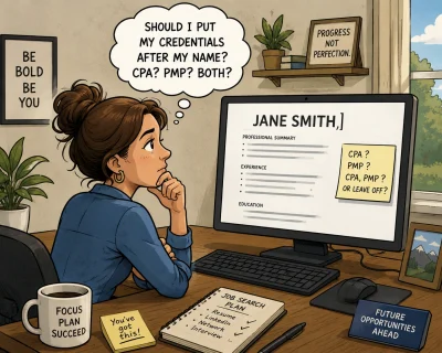 Cartoon-style illustration of a job seeker working at a computer in her home office while deciding whether to add professional credentials after her name on a resume. A thought bubble above her head reflects her uncertainty as she reviews resume options and career-related notes on her desk.