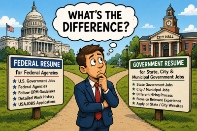 Cartoon-style illustration of a job seeker comparing a federal resume for U.S. federal agencies with a government resume for state, city, and municipal government jobs.