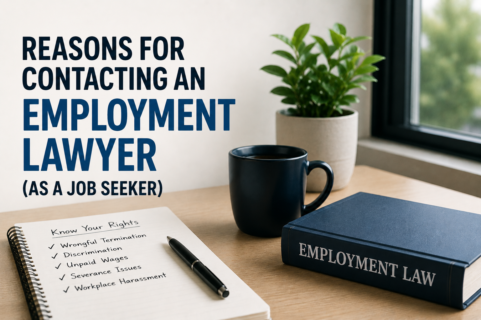 Thumbnail image showing a clean professional workspace with employment law materials, representing reasons a job seeker may need to contact an employment lawyer.