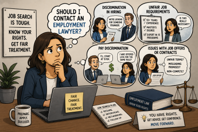 Political cartoon of a job seeker in a home office considering whether hiring discrimination, questionable job requirements, pay inequities, or problematic offer terms justify contacting an employment lawyer.