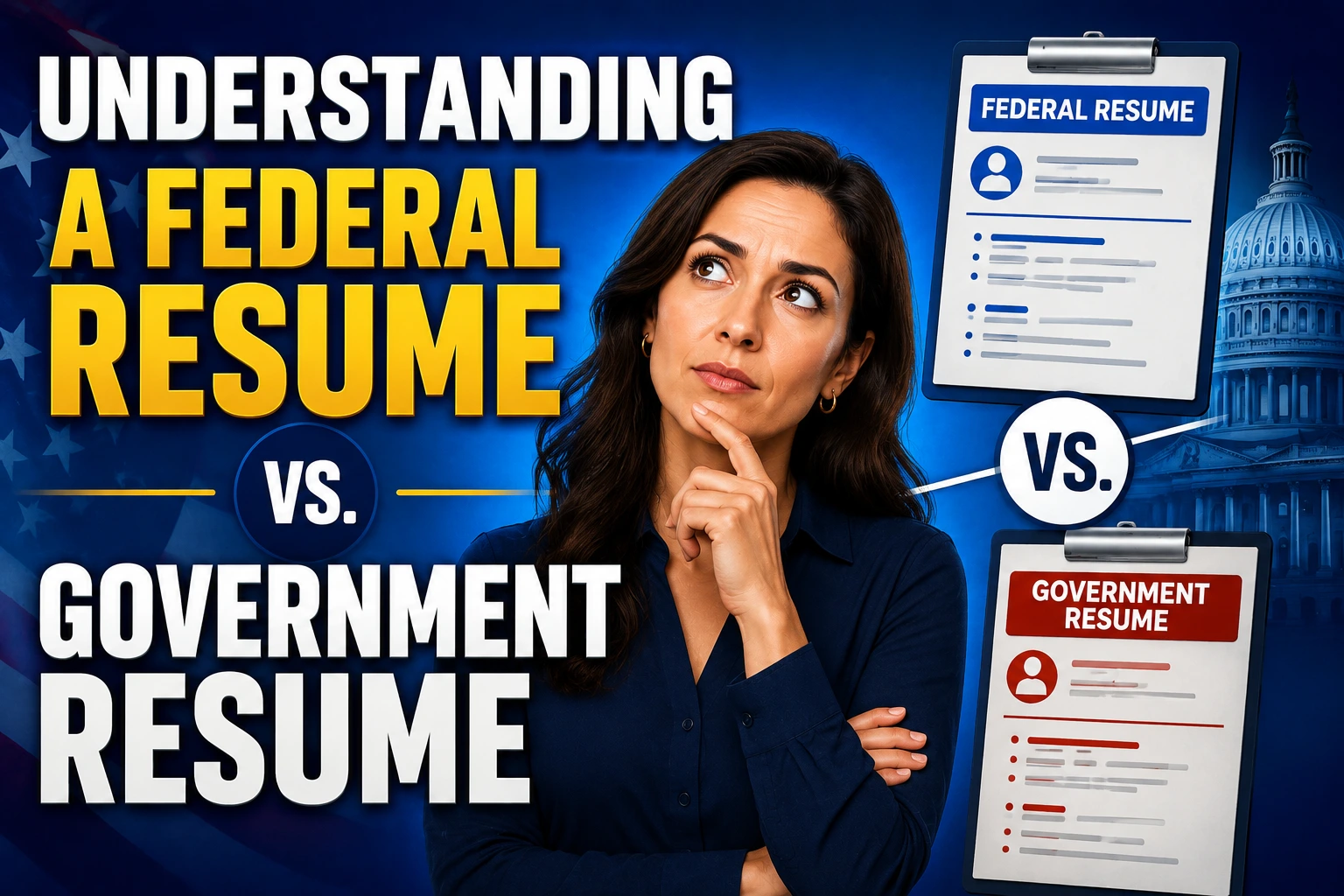 YouTube-style thumbnail illustrating the difference between a federal resume and a government resume, featuring a thoughtful job seeker, resume examples, and federal government imagery to help applicants understand federal hiring requirements.