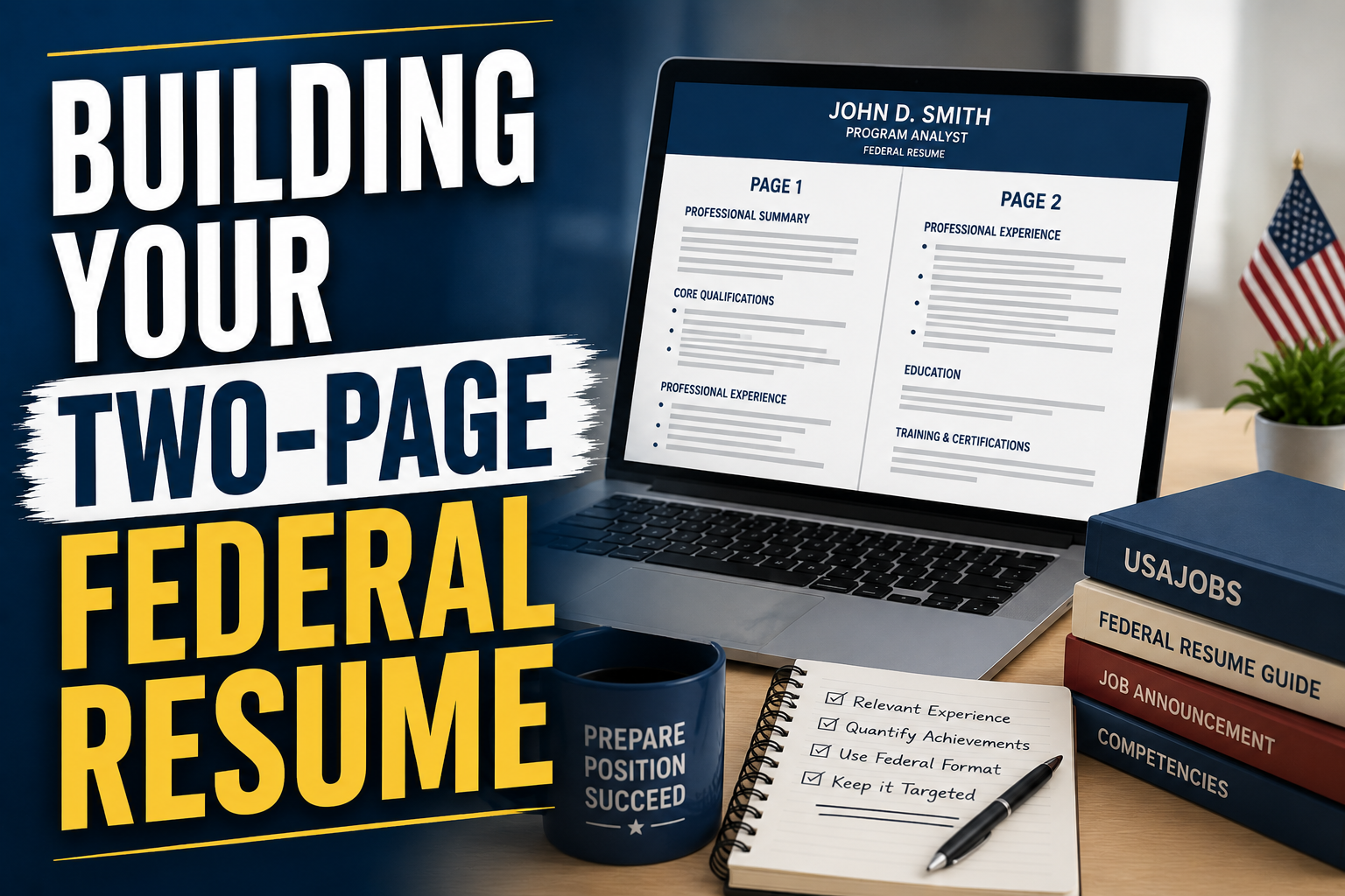 Thumbnail for a federal job search article about building a two-page federal resume, featuring bold title text, a laptop displaying a sample federal resume, and federal job search-themed desk items.