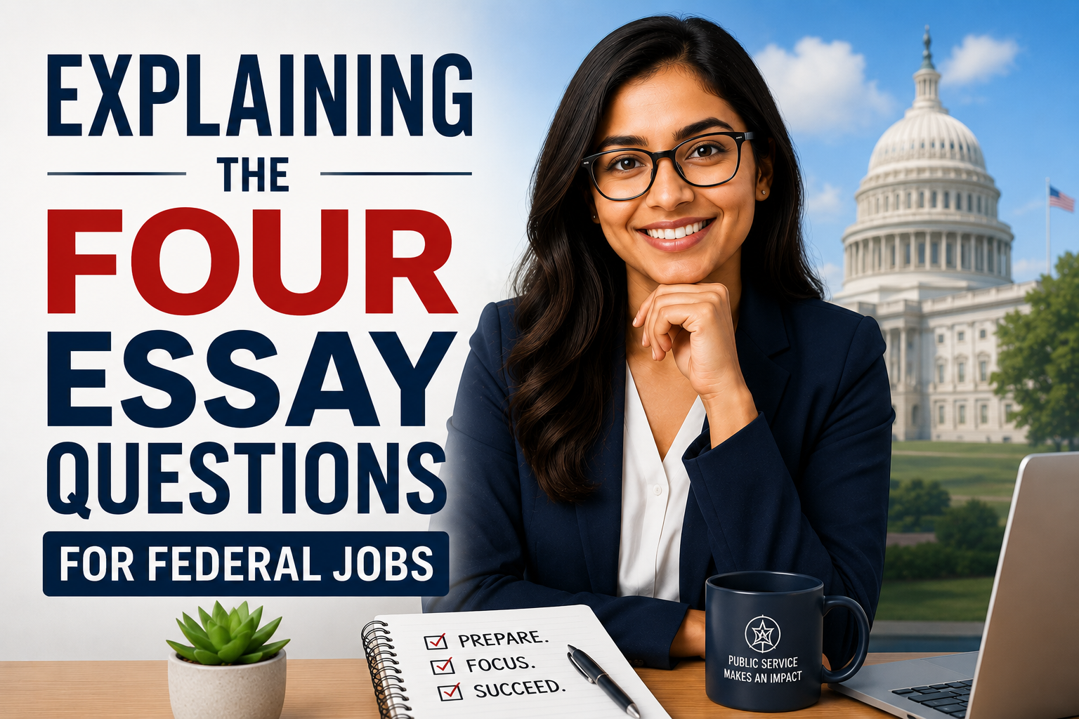 Explaining the Four Essay Questions for Federal Jobs Professional thumbnail-style image featuring a business professional in front of the U.S. Capitol beside the text “Explaining the Four Essay Questions for Federal Jobs.”
