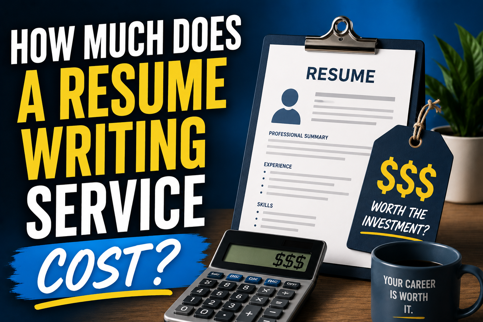Thumbnail for an article about resume writing service pricing, featuring bold “How Much Does a Resume Writing Service Cost?” text and a thoughtful professional woman with career cost imagery.