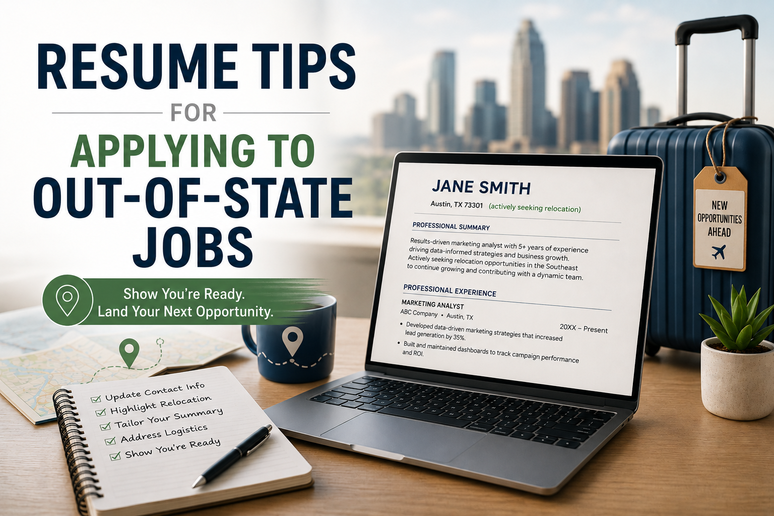 Modern graphic for an article about applying to out-of-state jobs, featuring a laptop displaying a resume with “actively seeking relocation,” travel luggage, and bold text reading “Resume Tips for Applying to Out-of-State Jobs.”