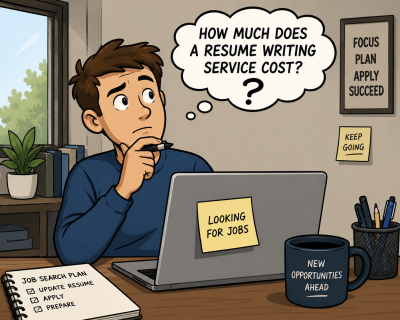 Cartoon of a job seeker in a home office browsing job opportunities and wondering about the cost of hiring a resume writing service.