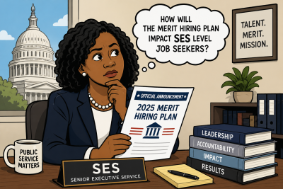 Political cartoon of a senior executive reviewing the 2025 Merit Hiring Plan announcement and wondering how the changes may affect SES-level job seekers.