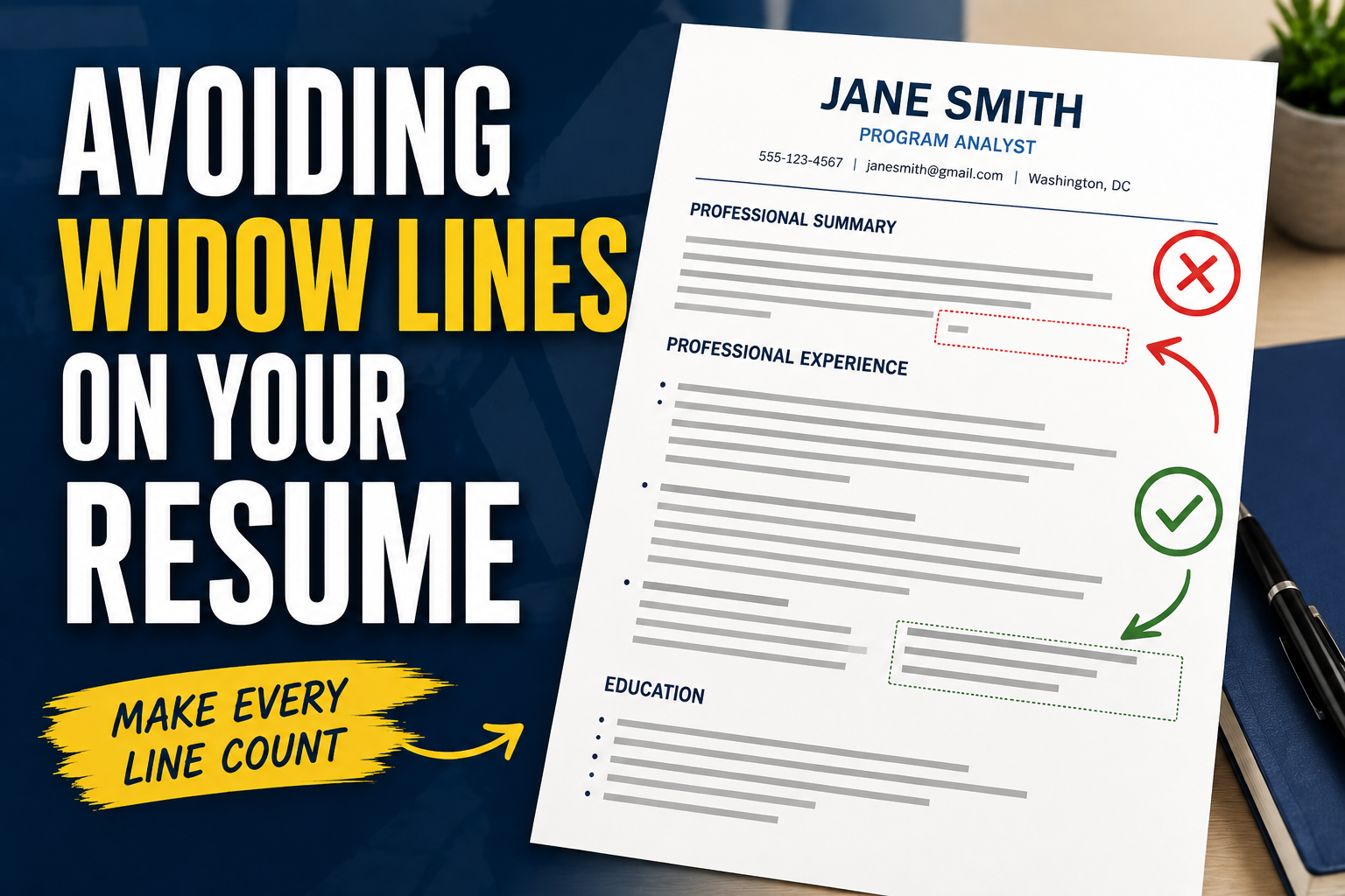 Thumbnail for a resume formatting article about avoiding widow lines, featuring bold “Avoiding Widow Lines on Your Resume” text and a sample resume illustrating formatting best practices.