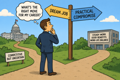 Political cartoon of a job seeker weighing career options and deciding between an ideal opportunity and a more practical employment path.