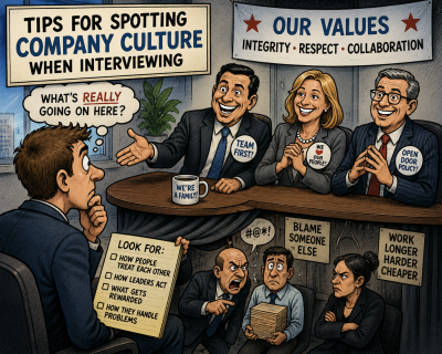 Cartoon showing a job candidate in an interview questioning whether the company’s polished culture messaging matches the actual workplace reality.