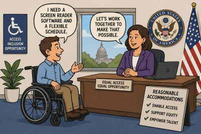 Political cartoon of a disabled federal job seeker discussing reasonable accommodations with a government employer in an accessible workplace setting.