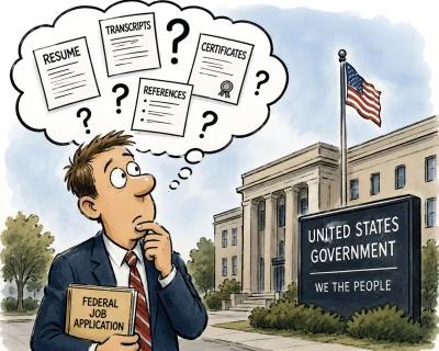 Political cartoon illustration of a federal job seeker standing outside a U.S. government building while wondering which documents are required for a federal job application. The applicant holds a folder labeled “Federal Job Application” and looks thoughtfully at a large thought bubble containing paperwork, transcripts, certificates, references, and question marks. The image represents the uncertainty many candidates face when preparing documents for USAJOBS and federal employment applications.