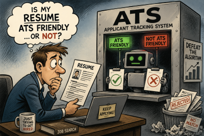 Political cartoon of a worried job seeker holding a resume while an ATS robot judges whether it is ATS-friendly or not.