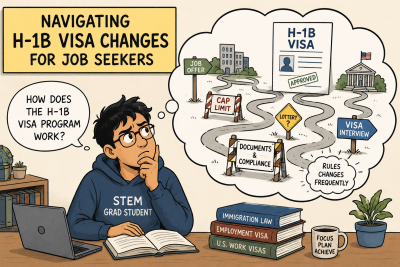 Political cartoon-style illustration of a STEM graduate student at a desk looking confused while thinking through the complex H-1B visa process, with symbols representing job offers, visa rules, lottery selection, and immigration paperwork.