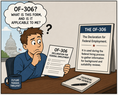 Cartoon-style illustration of a confused federal job seeker reviewing an OF-306 Declaration for Federal Employment form and wondering whether it applies to them.