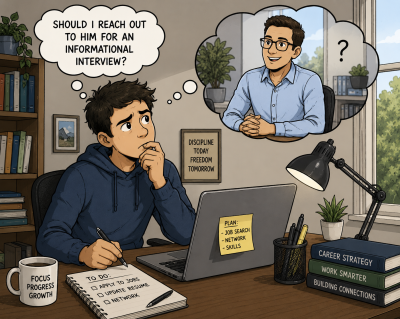 Political cartoon-style illustration of a job seeker in a home office wondering whether to reach out to a professional for an informational interview, with a thought bubble imagining the potential conversation.