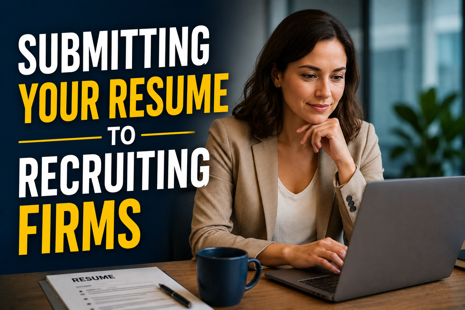 Thumbnail for an article about submitting resumes to recruiting firms, featuring bold “Submitting Your Resume to Recruiting Firms” text and a professional woman working on a laptop.