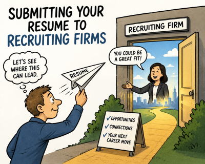 Cartoon of a hopeful job seeker sending a resume like a paper airplane toward a recruiting firm, symbolizing optimism about new career opportunities.