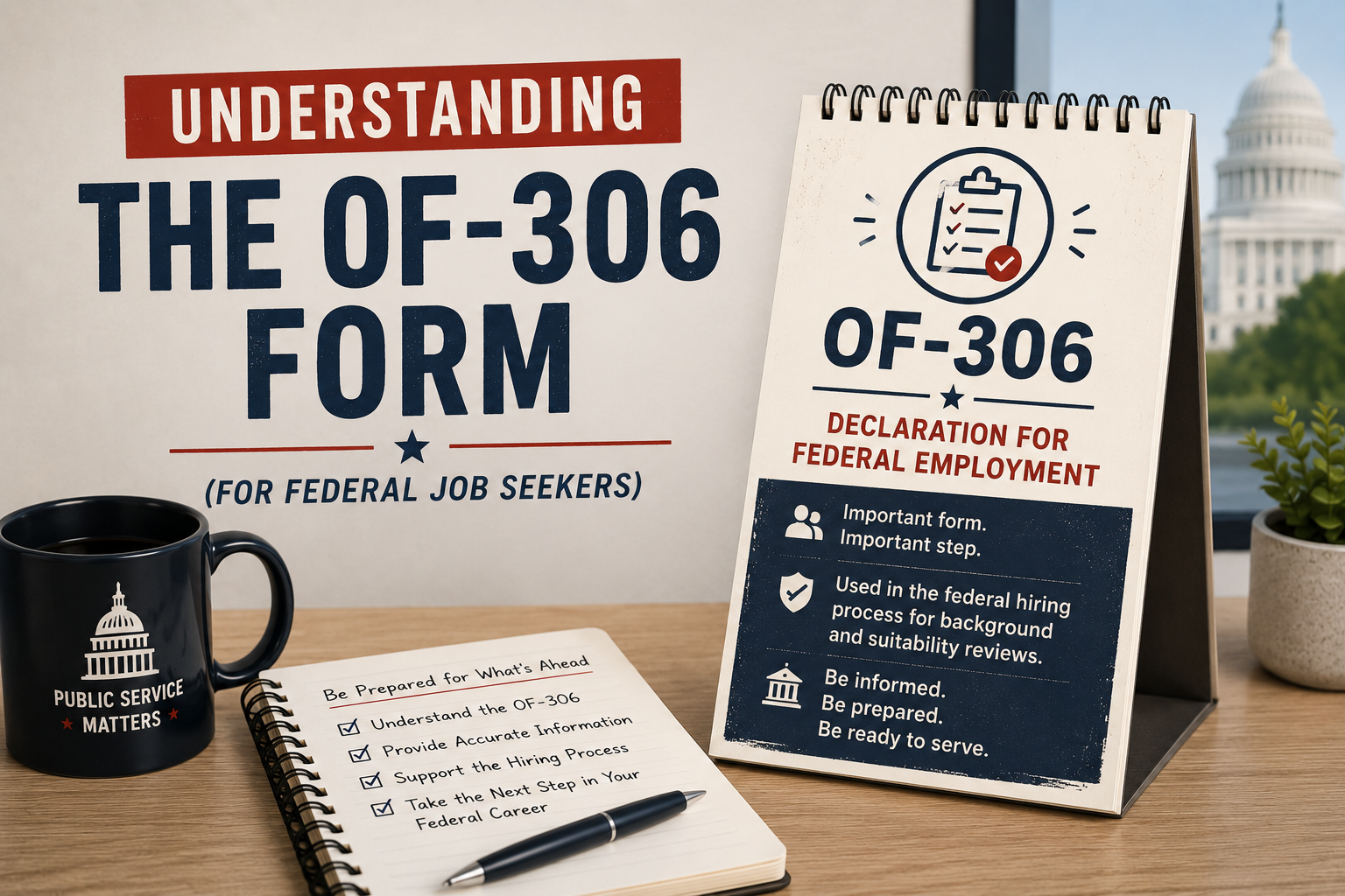 Professional featured image for an article about the OF-306 Declaration for Federal Employment form, featuring a clean federal hiring workspace with patriotic office elements and onboarding documents for federal job seekers.