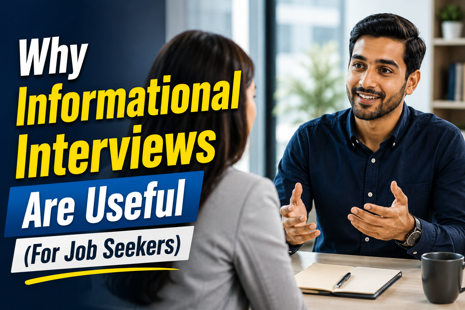Thumbnail image showing two professionals having an informational interview in an office setting, with the title “Why Informational Interviews Are Useful (For Job Seekers)” displayed in bold text.