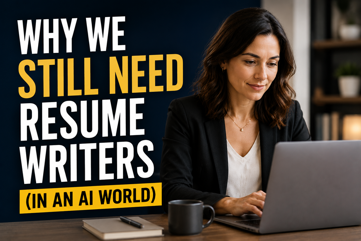 Thumbnail for an article about the continued value of resume writers in the AI era, featuring bold “Why We Still Need Resume Writers (in an AI World)” text and a professional woman working on a laptop.